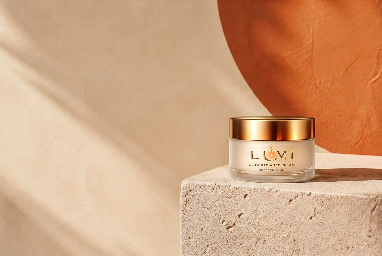 Pote de creme LUMI Glow Radiance Cream sobre pedra travertino